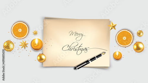 Top View of Merry Christmas lettering on papers heet with inkpen. Realistic vector christmas object composition 