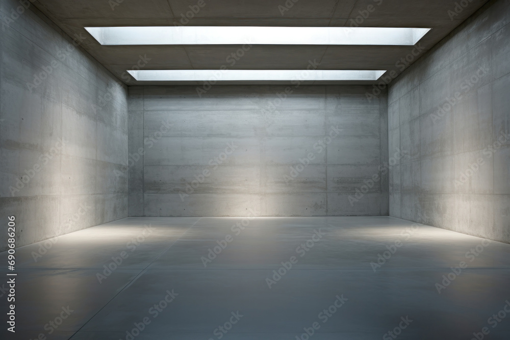 Fototapeta premium Minimalist architectural space in beige tones, characterized by a stark, concrete room. The room is bare, with raw concrete walls, floor, and ceiling