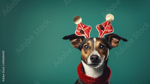 Dog dressed up in reindeer antlers. Christmas dog.