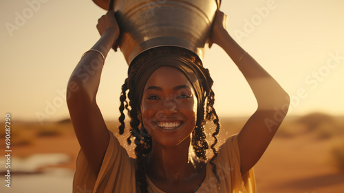 A young Sudanese woman, light-skinned, beautiful smile, carrying a bucket on her head. in Sudan amid drought But still maintains natural beauty