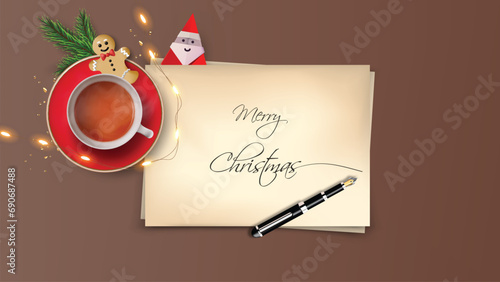 Top View of Merry Christmas lettering on paper sheet with inkpen. Realistic vector christmas object composition 
