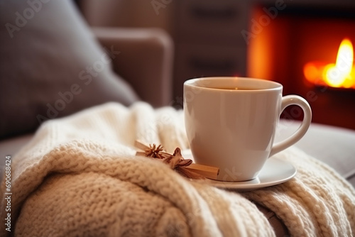 A mug of hot tea stands on a chair with a woolen blanket in a cozy living room with a fireplace. Cozy winter day