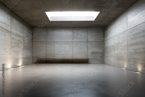 Minimalist architectural space in beige tones, characterized by a stark, concrete room. The room is bare, with raw concrete walls photo