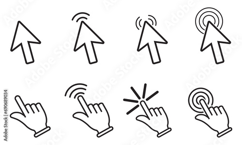  Mouse pointer icon set. Click icon set.  Arrow cursor. Arrows or hand cursors tools. Pointer icon vectors and hand cursor icon vectors.