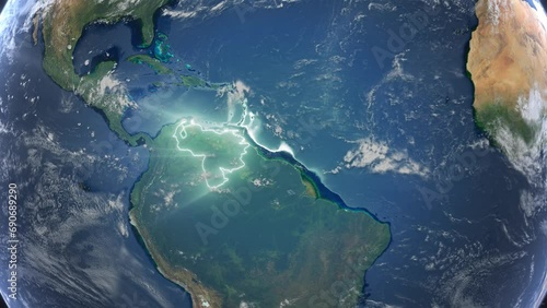 Realistic Earth Orbit and Zoom Glowing Borders Venezuela photo