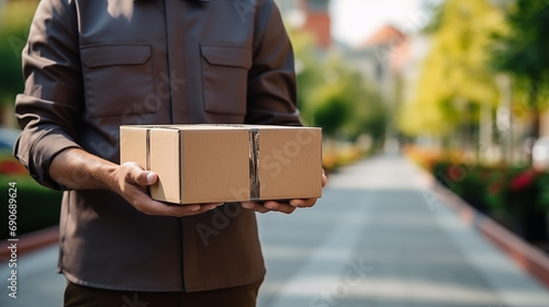 a uniformed delivery man holding a box in his hands. The delivery man hands the parcel to the client. Concept of delivery, online shopping, e-commerce © ProstoSvet