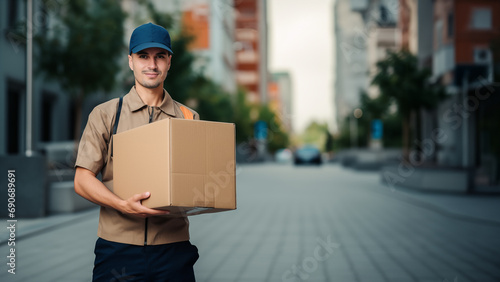 portrait of a courier in uniform, holding a box in his hands. The delivery man hands the parcel to the client. Concept of delivery, online shopping, e-commerce