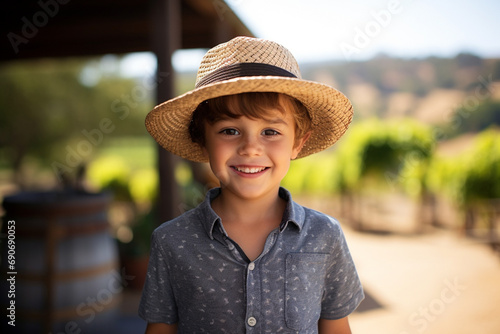 Medium shot portrait photography of a pleased child boy that is wearing winery tour outfit, sun hat against touring a beautiful vineyard background photo