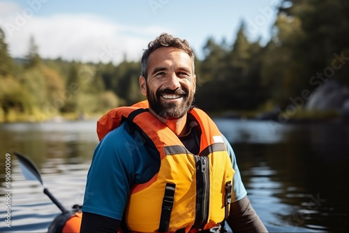 Medium shot portrait photography of a pleased man in his 30s that is wearing kayaking gear, life vest against kayaking on a serene lake background © PhotoFlex