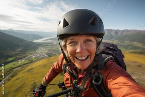 Medium shot portrait photography of a pleased woman in her 40s that is wearing paragliding suit, helmet against paragliding over a scenic landscape background