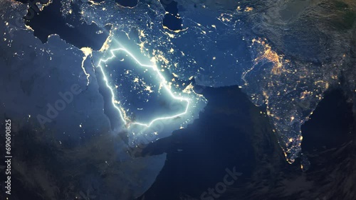 Realistic Earth Orbit and Zoom Glowing Borders Kingdom of Saudi Arabia
