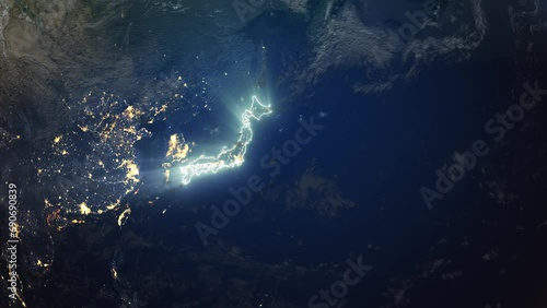 Realistic Earth Orbit and Zoom Glowing Borders Japan