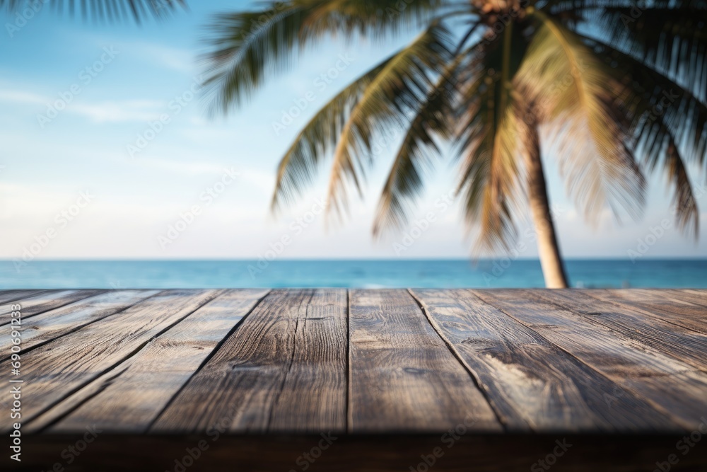 A wooden table with a palm tree in the background