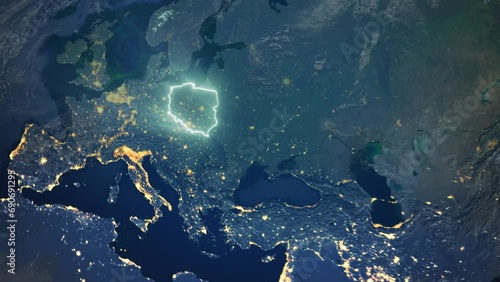 Realistic Earth Orbit and Zoom Glowing Borders Poland