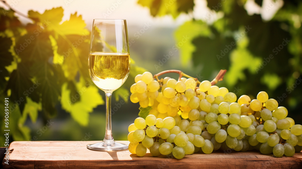 White wine and grapes in vineyard