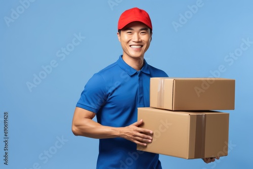 A man in a blue shirt and a red cap is holding two boxes