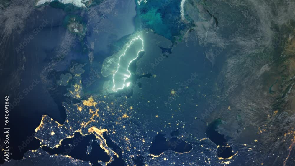 Realistic Earth Orbit and Zoom Glowing Borders Sweden