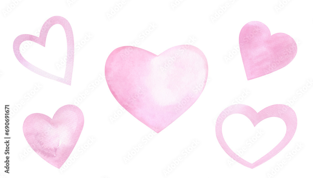 A set of soft pink watercolor hearts isolated on a white background, hand-drawn. A decorative element for a holiday, valentines, postcards, greetings, weddings. The texture of watercolor on paper.