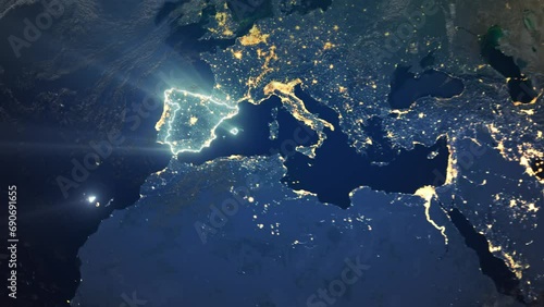 Realistic Earth Orbit and Zoom Glowing Borders Spain