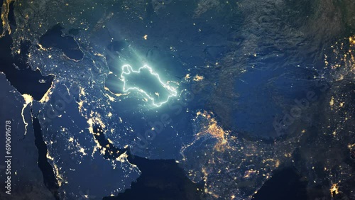 Realistic Earth Orbit and Zoom Glowing Borders Turkmenistan photo