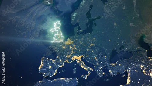 Realistic Earth Orbit and Zoom Glowing Borders United Kingdom photo