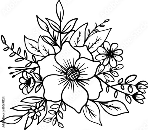 Hand-drawn floral arrangement outlines flowers and leaves bouquet