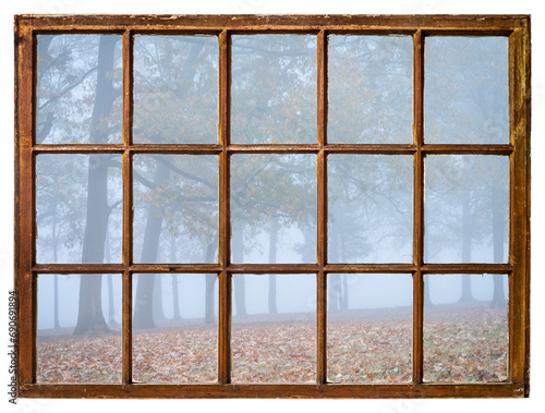 foggy November morning on a shore of a river or lake as seen from a retro sash window