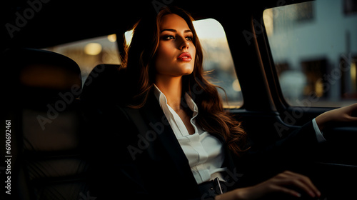 Portrait of a beautiful young business woman sitting in the car. Business concept. © Helen-HD