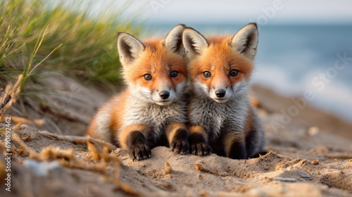 Wild baby red foxes cuddling at the beach