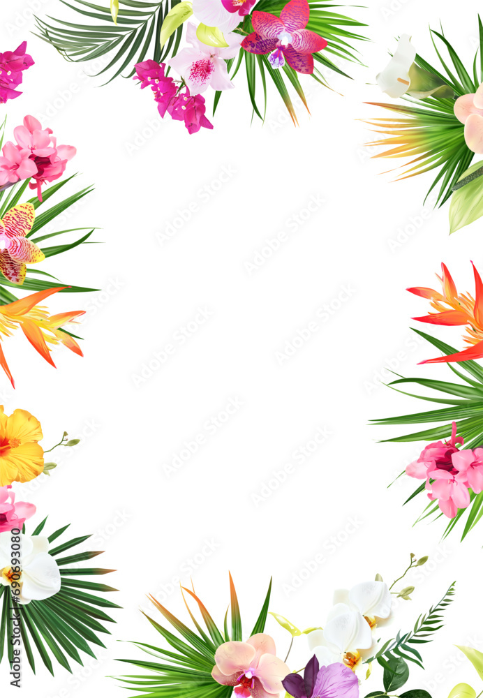 Obraz premium Tropical banner arranged from exotic emerald leaves and exotic flowers. Paradise plants, greenery and palm