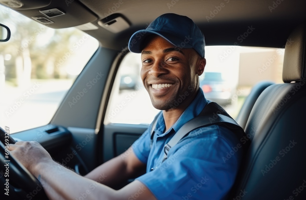 A smiling man driving a truck in a parking lot