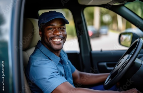 A man in a blue shirt and cap driving a car © pham