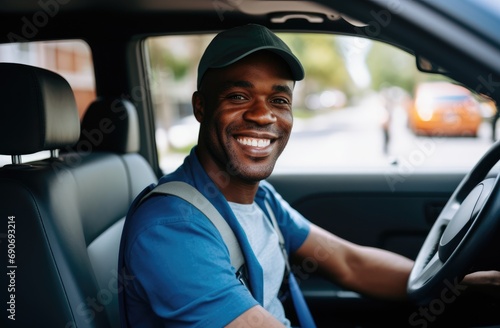 A smiling man sitting in the driver's seat of a car © pham