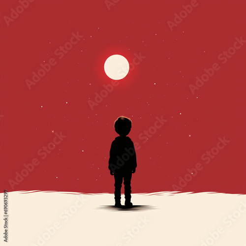 A minimalistic silhouette of a child waiting for Santa. Flat clean illustration style © Tilra