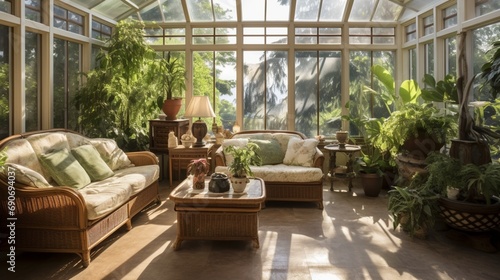 A sunlit conservatory attached to a home, filled with an array of tropical plants, comfortable seating, and a tranquil ambiance.