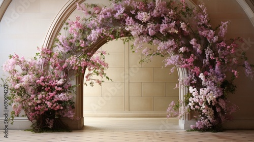A sweeping arc of wall flowers, acting as a natural archway in a spacious hallway.