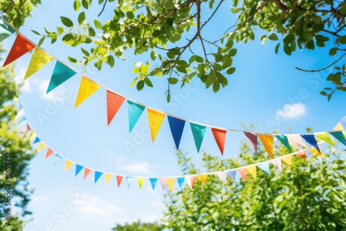Colorful bunting flags hanging from a tree