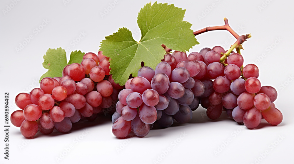 Fototapeta premium Bunch of grapes with leaves on white copy space created with Generative Ai