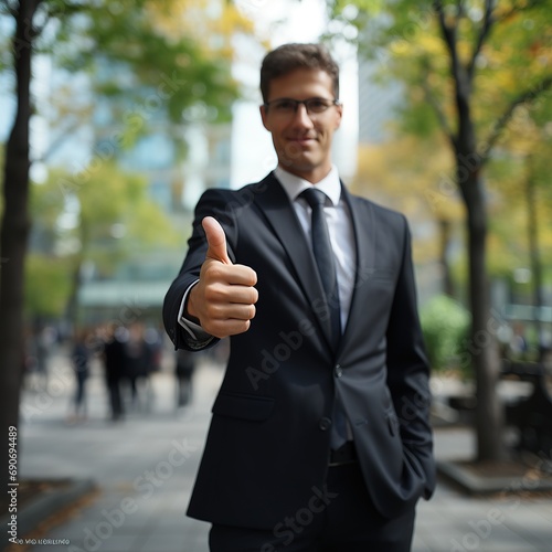 Portrait of happy businessman showing thumbs up hand sign gesture
