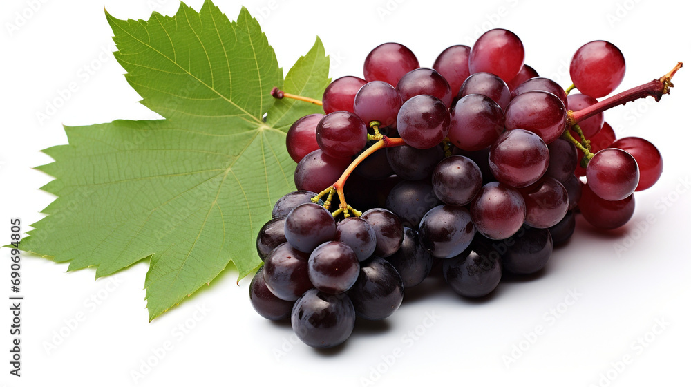 Fototapeta premium Bunch of grapes with leaves on white copy space created with Generative Ai