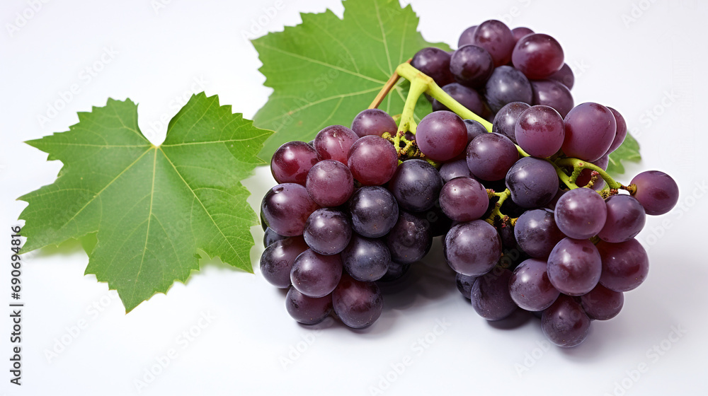Bunch of grapes with leaves on white copy space created with Generative Ai Bunch of grapes with leaves on white copy space created with Generative Ai