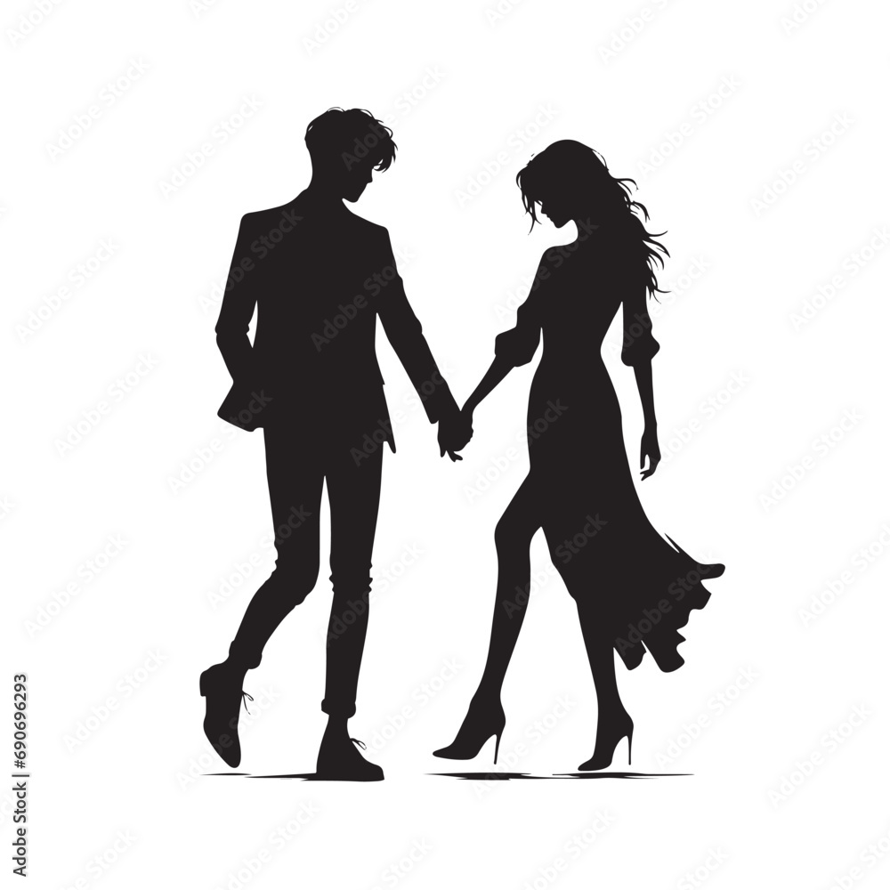 Beautiful Couple Silhouette: Silhouette Bliss in Countryside - Black Vector Husband Wife Silhouette - Love Silhouette
