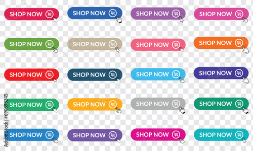 Shop now  button with hand cursor. Buy now hand pointer clicking. Modern collection for web site. Click here banner with shadow. Click button isolated. Online shopping. Vector illustration. photo