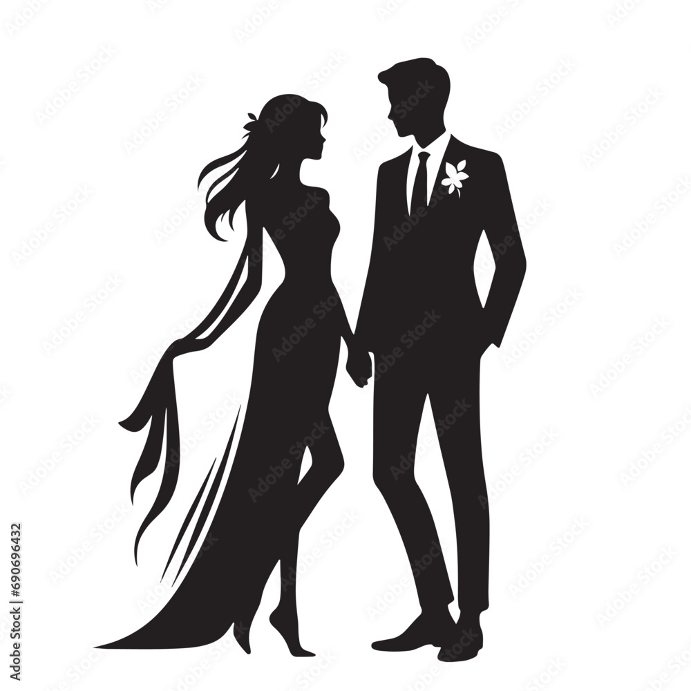 Beautiful Couple Silhouette: Peaceful Nature Silhouette Harmony - Black Vector Husband Wife Silhouette - Love Silhouette
