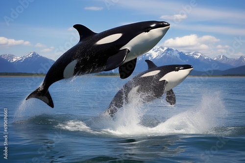 Two black and white orca jumping out of the water