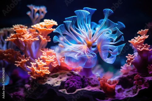 Coral reef glowing at night in bioluminescence © Supardi