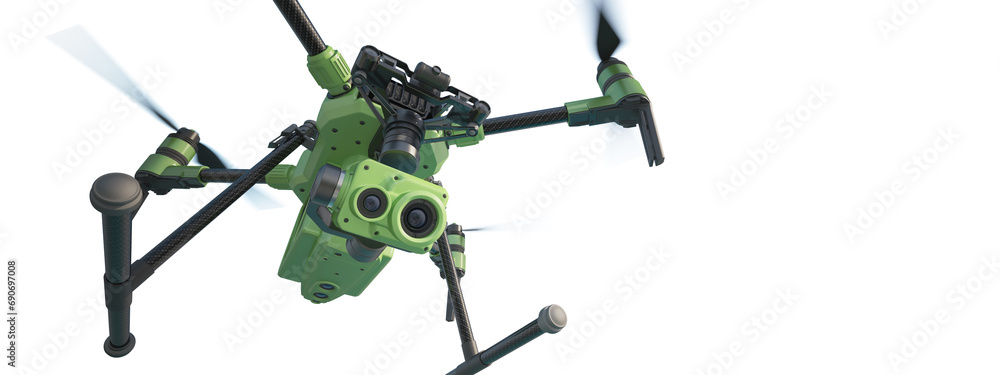 A modern aerial drone (quadcopter) with remote control, flying with an action camera. 3d illustration. Isolated on white background A modern aerial drone (quadcopter) with remote control, flying with an action camera. 3d illustration. Isolated on white background