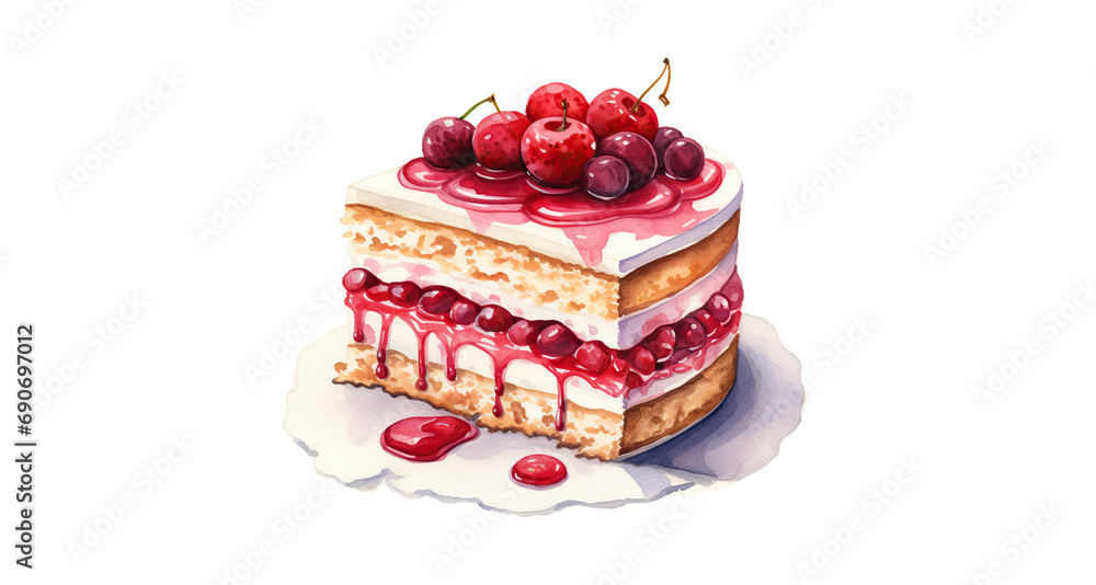 Watercolor illustration of a cake with cherries on a white background. Appetizing sponge cake decorated with fresh berries with space for text. Watercolor illustration of a cake with cherries on a white background. Appetizing sponge cake decorated with fresh berries with space for text.