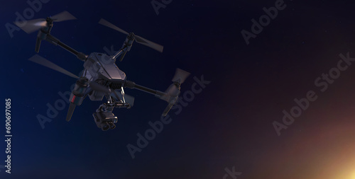 Fototapeta Naklejka Na Ścianę i Meble -  A drone flying against the background of sunset and the night sky. The image is suitable for illustrating content related to technology and travel, advertising and editorials. 3D illustration.