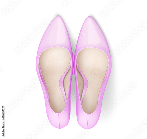 Elegant women's shoes with high heels. Patent leather. Top view. Pink color. 3d illustration. Isolated on white background